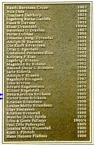 Plaque located next to Leif Erickson statue listing names of Beda and Vistor Erickson